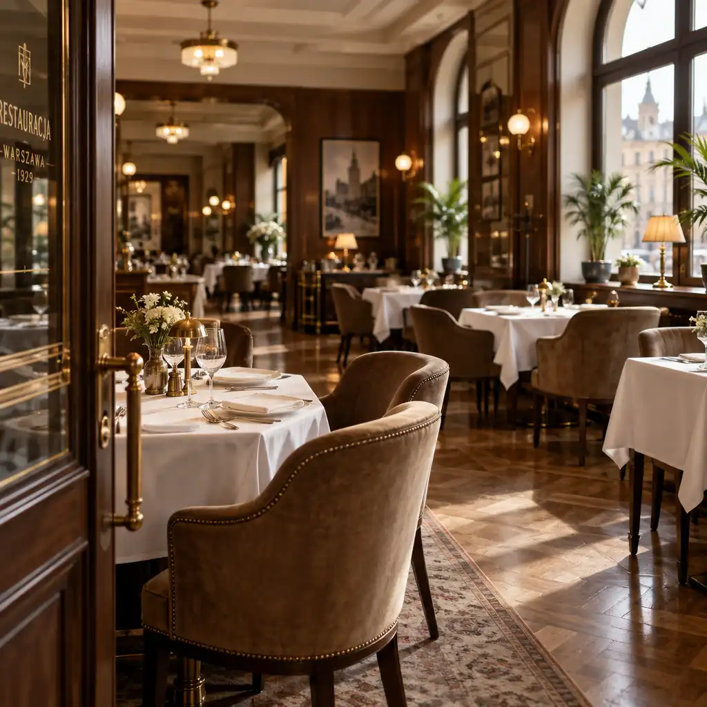 Sala główna restauracji Cookery House z nakrytymi stolikami i ciepłym drewnem