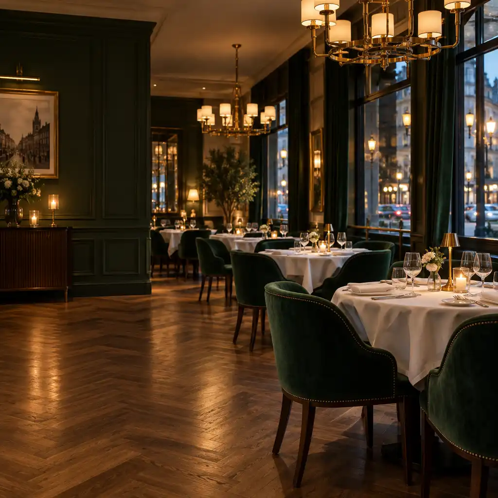 Główna sala jadalna Cookery House z drewnianą podłogą w jodełkę, nakrytymi stołami i mosiężnymi żyrandolami